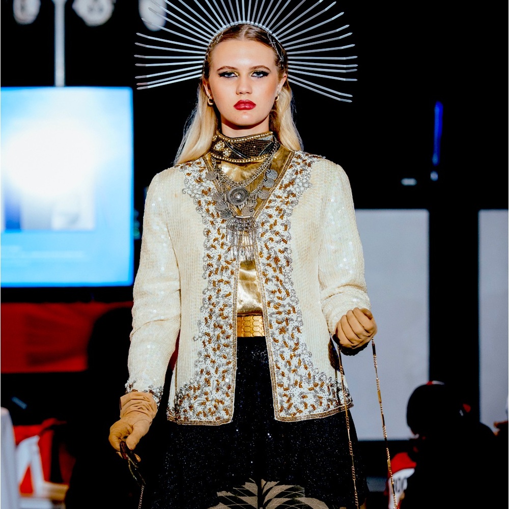 Vintage sequin coat, long white sequin duster, heavily embellished